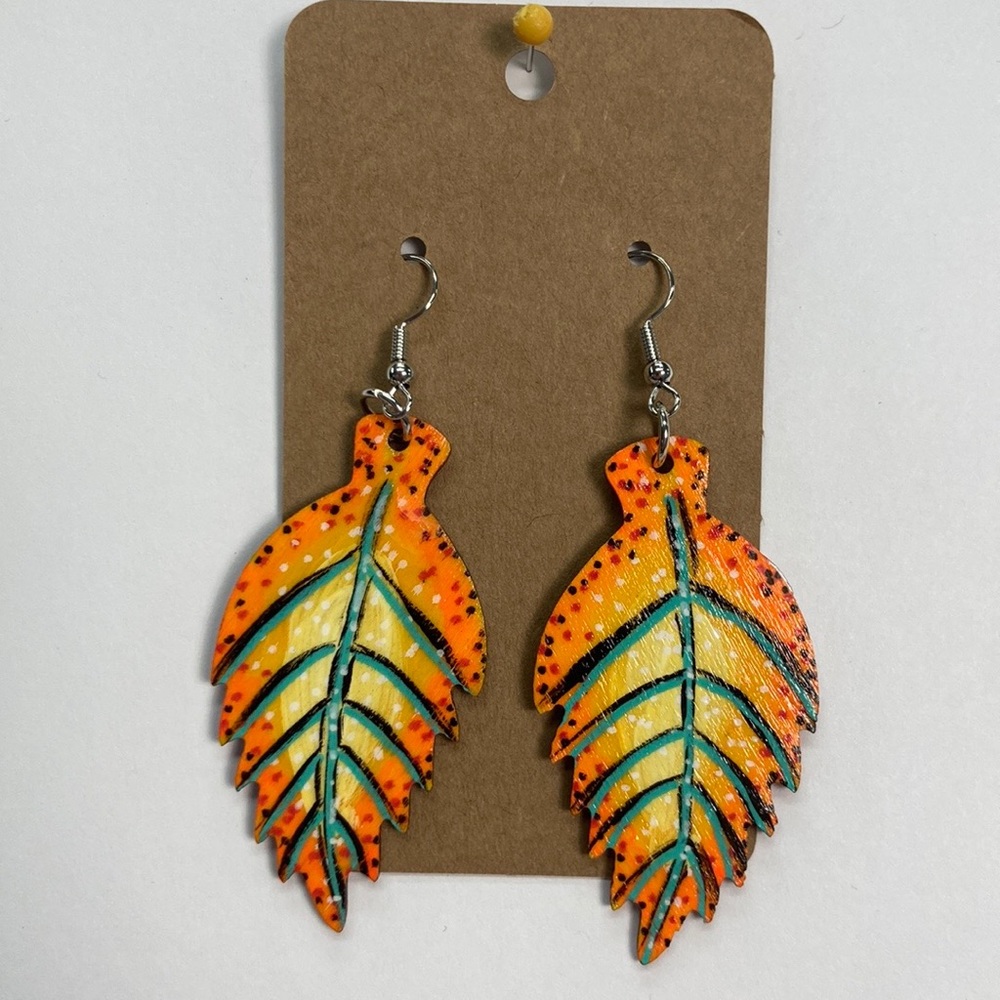 Hand Made Fall Orange Wooden Leaf Earrings Painted Wooden Autumn One of a Kind
